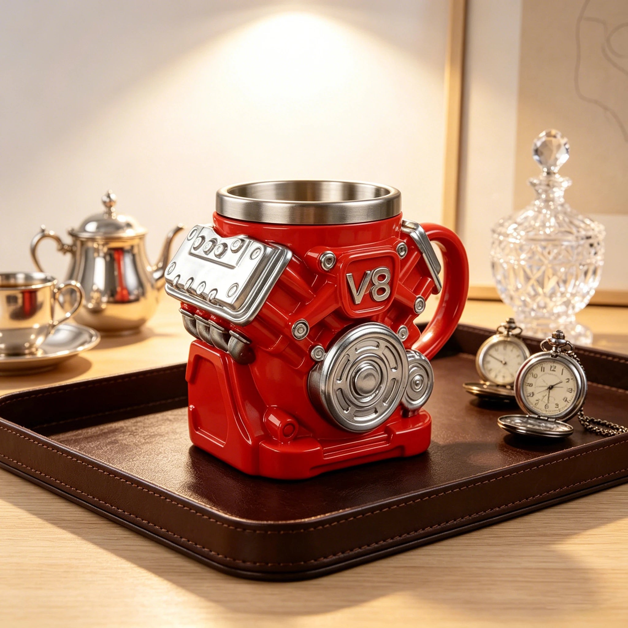 Engine coffee cup/rocket shaped coffee cup set, 304 stainless steel inner liner, durable resin shell, unique V8 car engine cylinder body and retro rocket ship design water cup, multifunctional and fun decorative desktop ornam