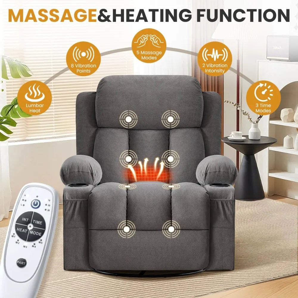 Swivel Rocker Recliner Chair Massage Heating USB Charge Side Pockets 155 Reclining 30 Rocking