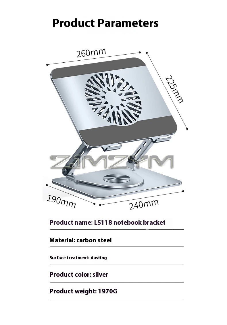 Desktop Laptop Stand 360° Rotatable Metal Tablet Cooling Stand with Folding Fan Radiator Support Lift Anti-skid