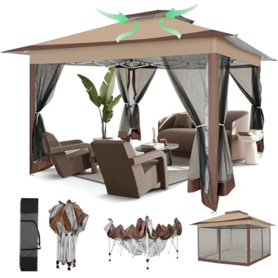 Pop Up Gazebos On Clearance - Upgrade Easy Up Metal Outdoor Gazebo Waterproof - Portable Gazebo with Mosquito Nettings, 4 Ropes