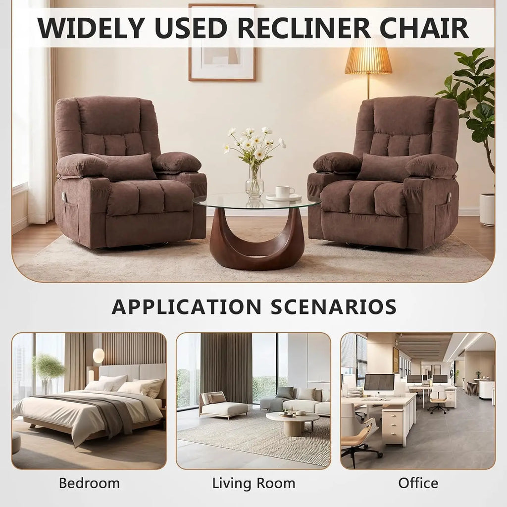 Swivel Rocker Recliner with Massage & Heat, Ergonomic Lounge Chair for Living Room with Pocket, 2 Cup Holders, USB, Customized
