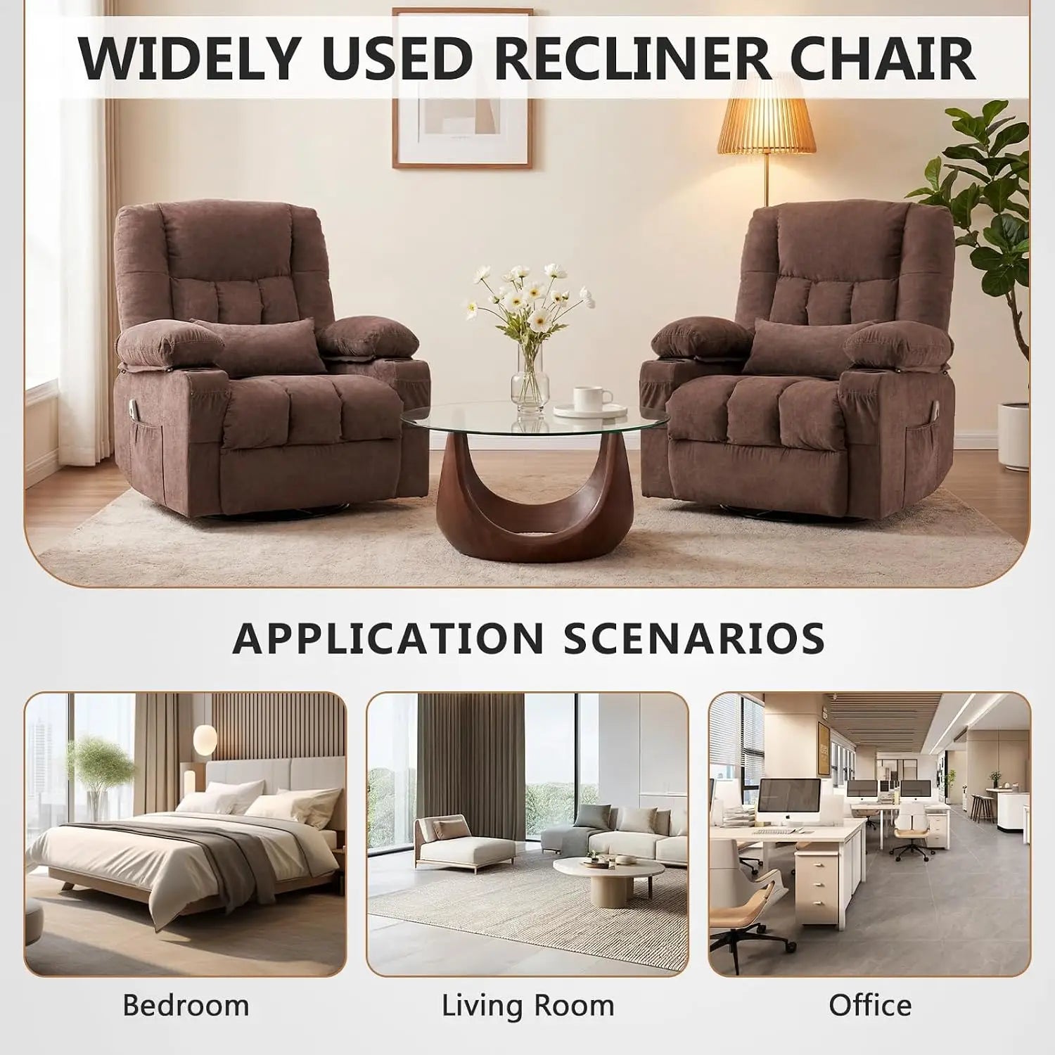 Swivel Rocker Recliner with Massage & Heat, Ergonomic Lounge Chair for Living Room with Pocket, 2 Cup Holders, USB, Customized