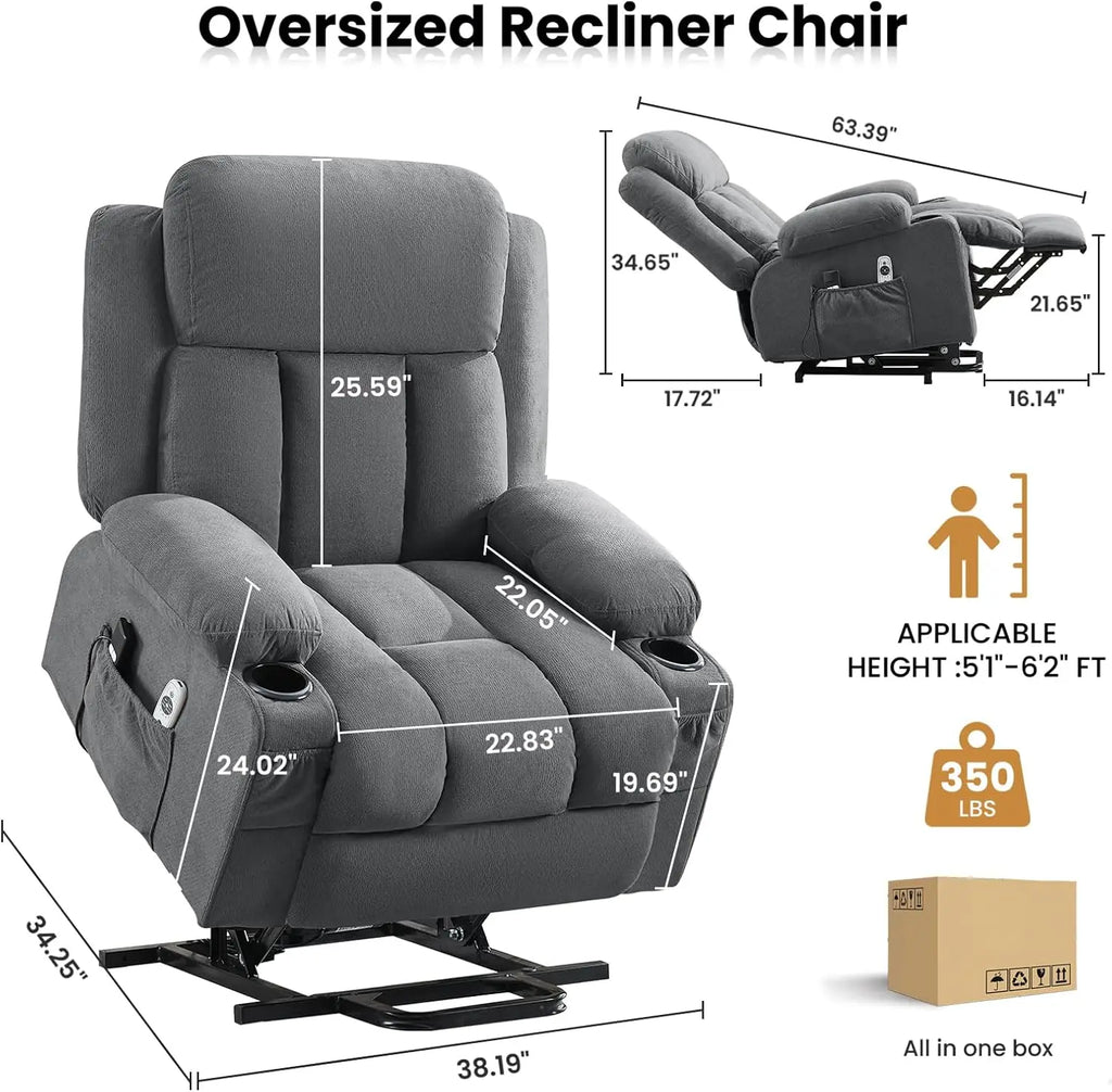 Power Lift Recliner Chair for Elderly with Vibration Massage and Lumbar Heating Electric Oversized Single Sofa with Cup Holder
