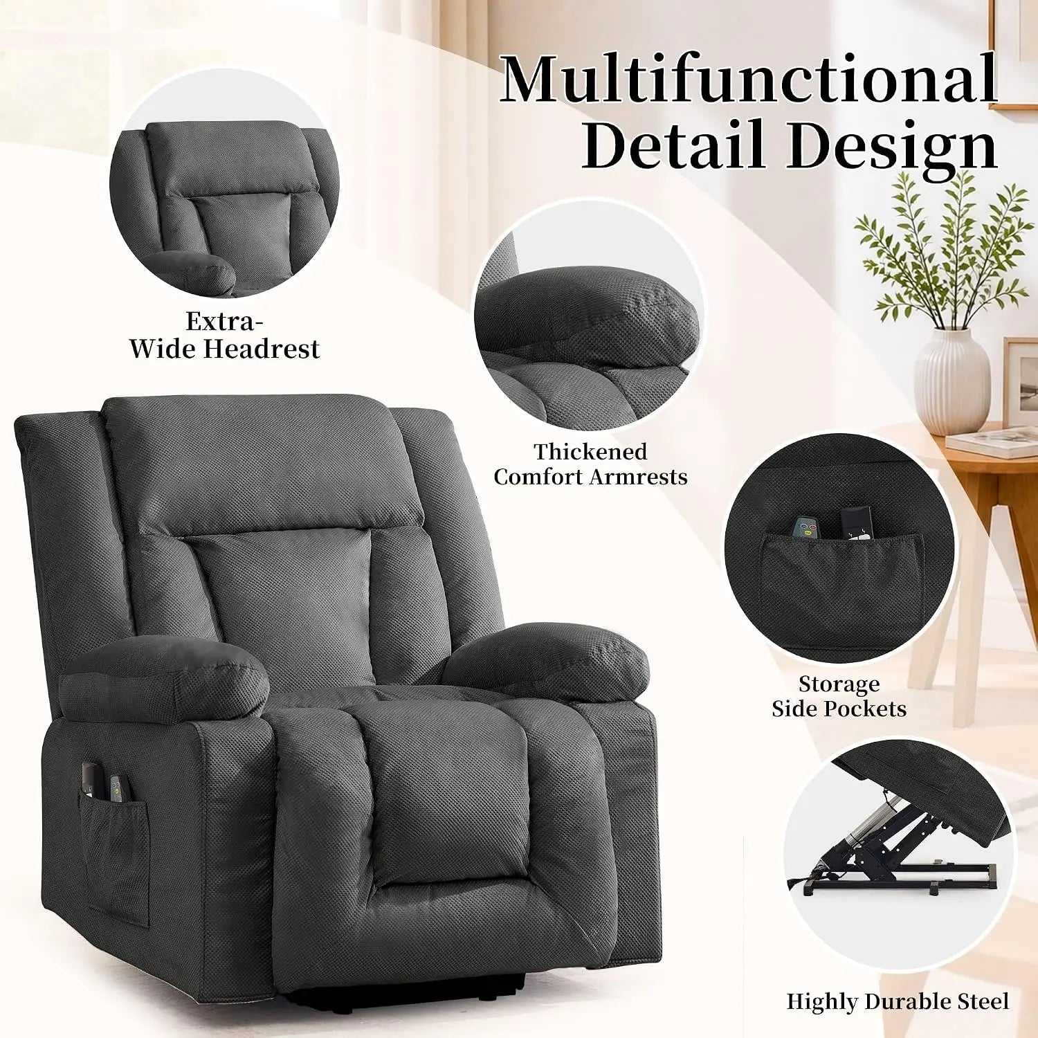 Dual Motor Power Lift Recliner Chair for Elderly Massage Heat Oversized Electric Recliner Side Pockets Living Room Waffle Grey