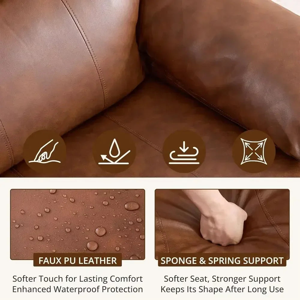2-Piece Leather Recliner Set: Swivel Rocking Chairs with Spring Cushion and Side Pockets for Living Room or Nursery, Camel