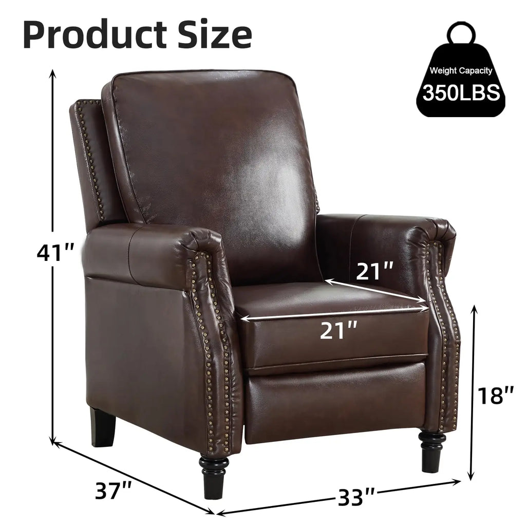 Genuine Leather Push Back Recliner with Padded Seat & Wingback, Rivet Single Sofa for Living Room, Dark Brown, Customized