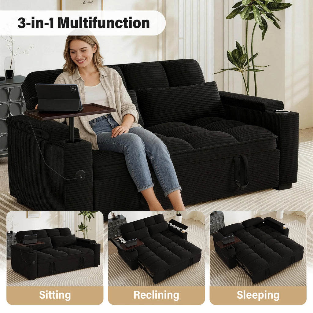 65" 3-in-1 Folding Convertible Sofa Bed with 360° Swivel Side Table, Pull Out Couch USB Charging, Modern Corduroy Chenille, Black