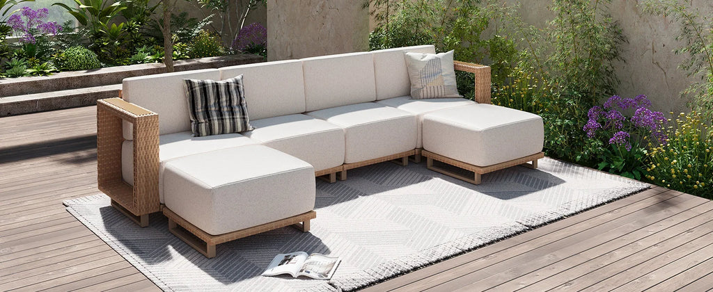 Aoxun Patio Furniture Set, 6 Piece Outdoor Wicker Sofa, Yellow/Beige | All‑Weather Rattan Modular Sofa with 10'' Ultra‑Thick Cus
