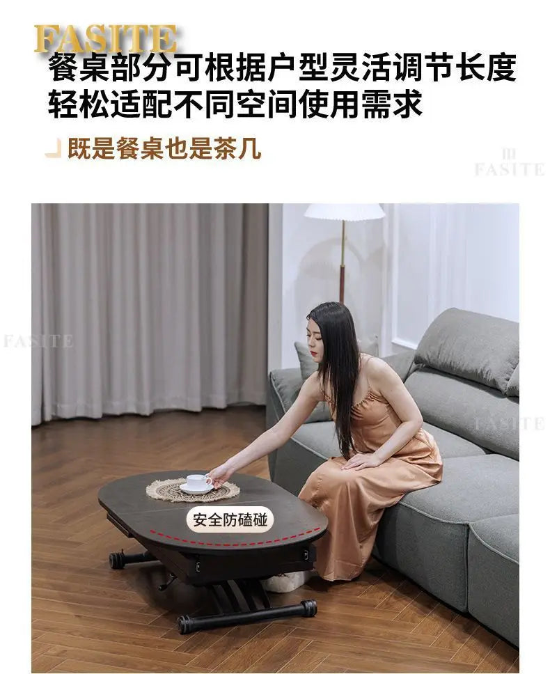 Black light luxury rock slab lifting coffee table dining  dual-purpose retractable mobile dining