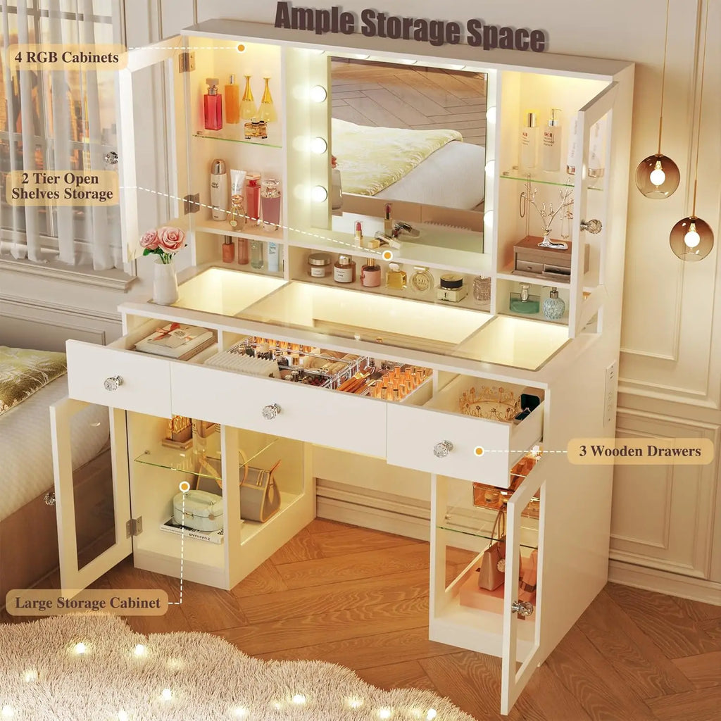 Vanity Desk with Mirror and RGB Lights, 43' Large Makeup Vanity with Glass Top, 4 Large Glass Cabinets, Power Outlet & 3 Drawers