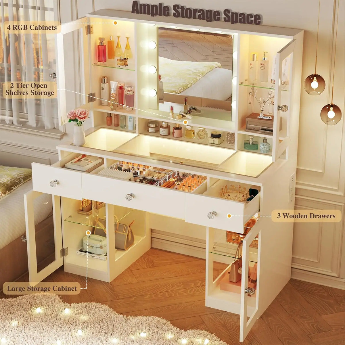 Vanity Desk with Mirror and RGB Lights, 43' Large Makeup Vanity with Glass Top, 4 Large Glass Cabinets, Power Outlet & 3 Drawers
