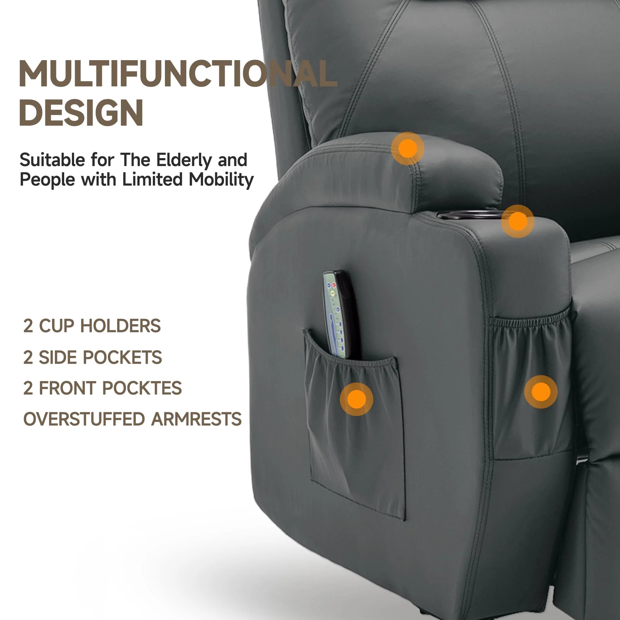 Recliner Chair with Massage and Heat, 360° Swivel Rocking Chairs for Adults, Remote Control and Cup Holder for Living Room