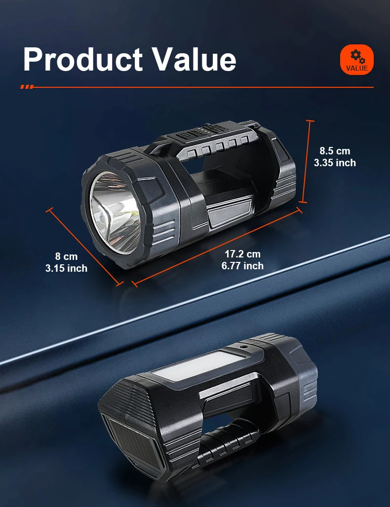 Solar LED Flashlight With COB Side Light Rechargeable Portable Handheld Flashlight Multifunction Outdoor Camping Fishing Lights