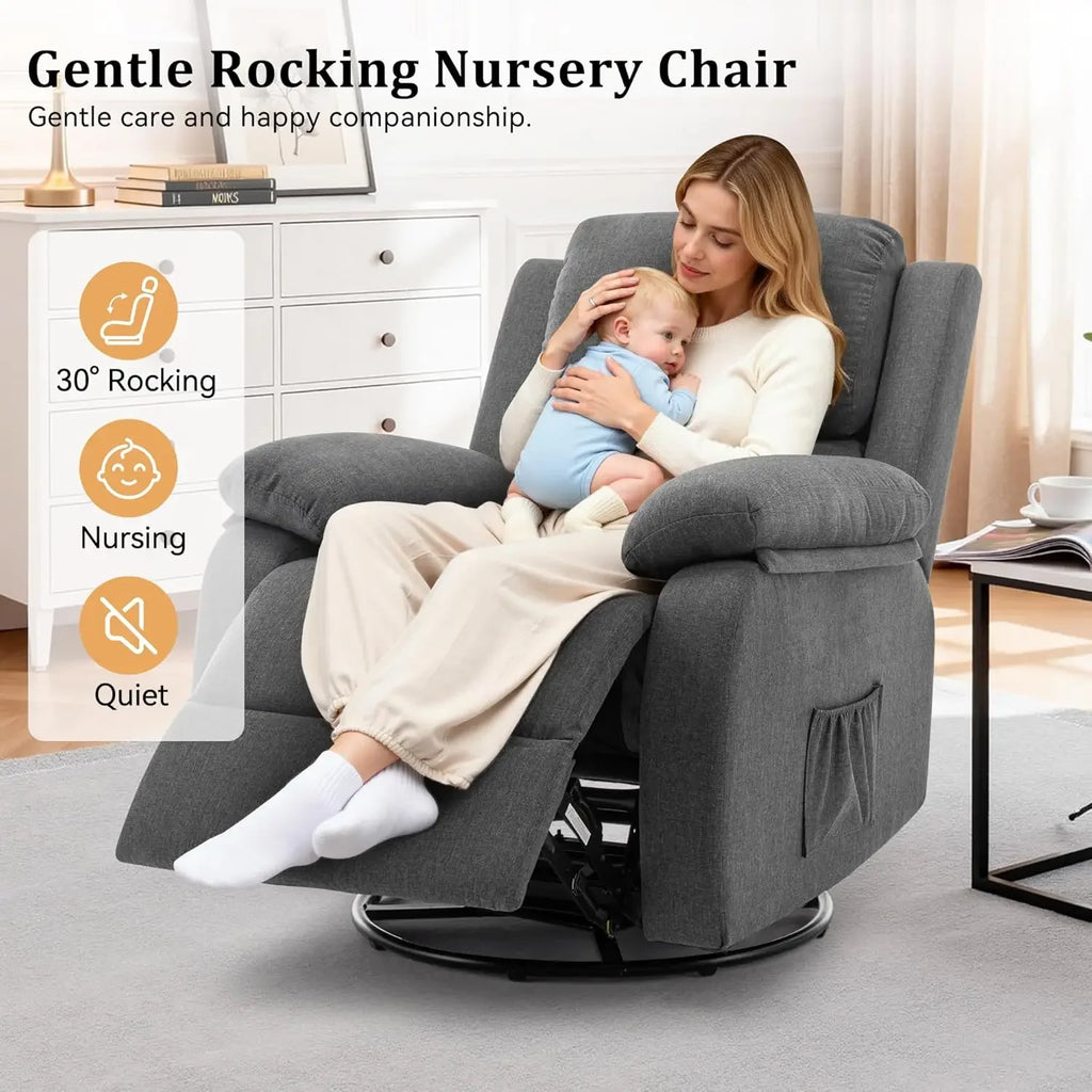 Recliner Chair, 360 Swivel Rocker Chair for Adults, Small Rocking Recliner for Small Spaces, Upholstered Fabric Glider Recliner