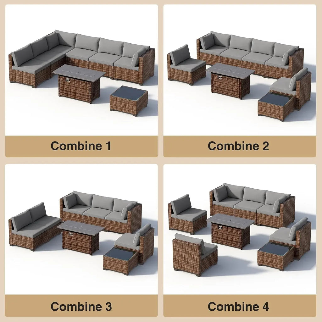 Qsun 8 Pieces Outdoor Patio Furniture Set with 44.9" Fire Pit Table, All-Weather Wicker Outdoor Patio Sectional Set with Coffee