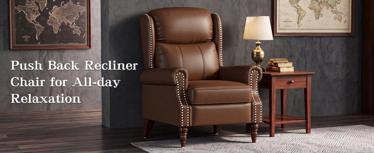 Pushback Recliner Chair Set of 2, Faux Leather/Chenille Wingback Accent Armchair