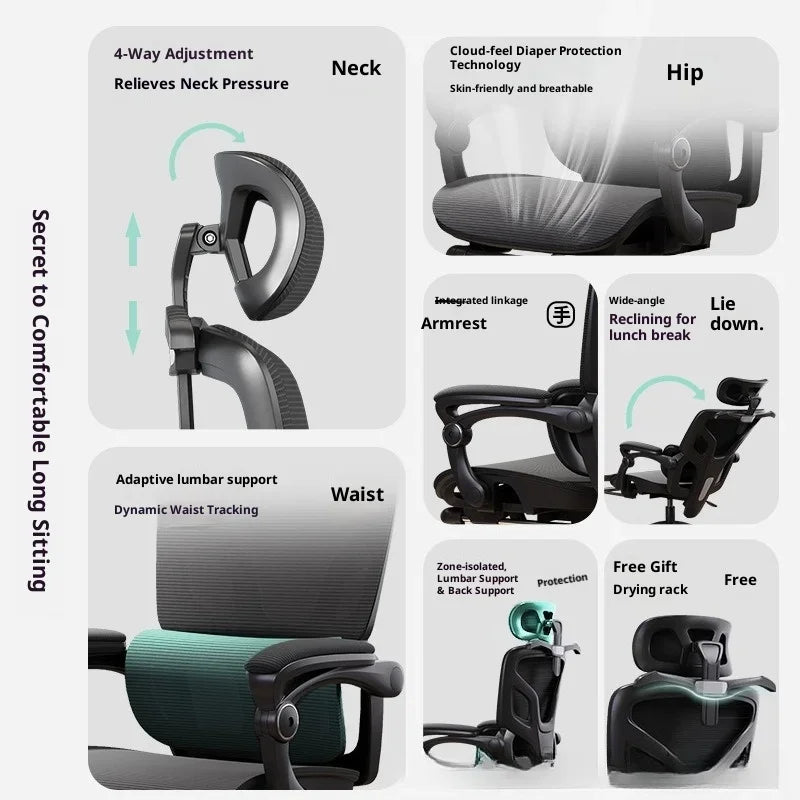 Ergonomic Mesh Office Chair Recliner Adjustable Lumbar Headrest Swivel Wheels Comfort Sitting Home Office Gaming Chair Silla