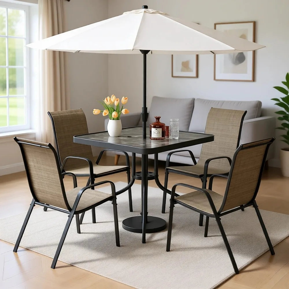 5-Piece Patio Dining Set - Glass Table, Stackable Chairs with Umbrella Hole, Durable for Outdoor Use