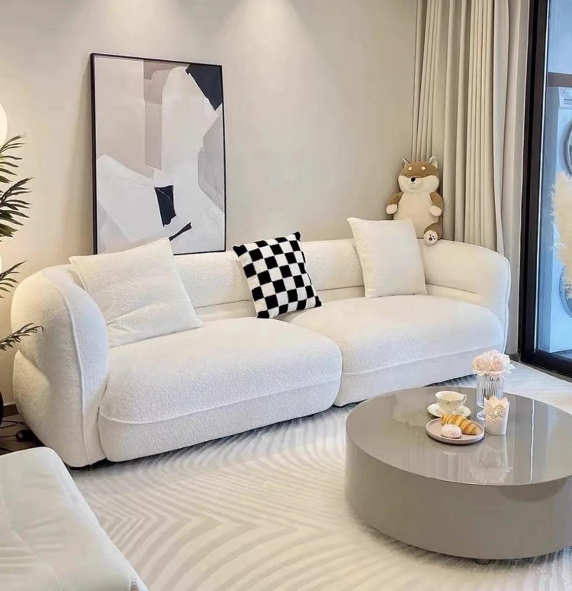Lamb wool three-person straight sofa Nordic cream style beige fabric sofa curved living room apartment Bobo ball
