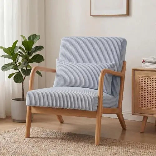 Mid Century Modern Accent Chairs Set of 2, Upholstered Fabric Armchairs with Lumbar Pillows and Solid Rubberwood Frame
