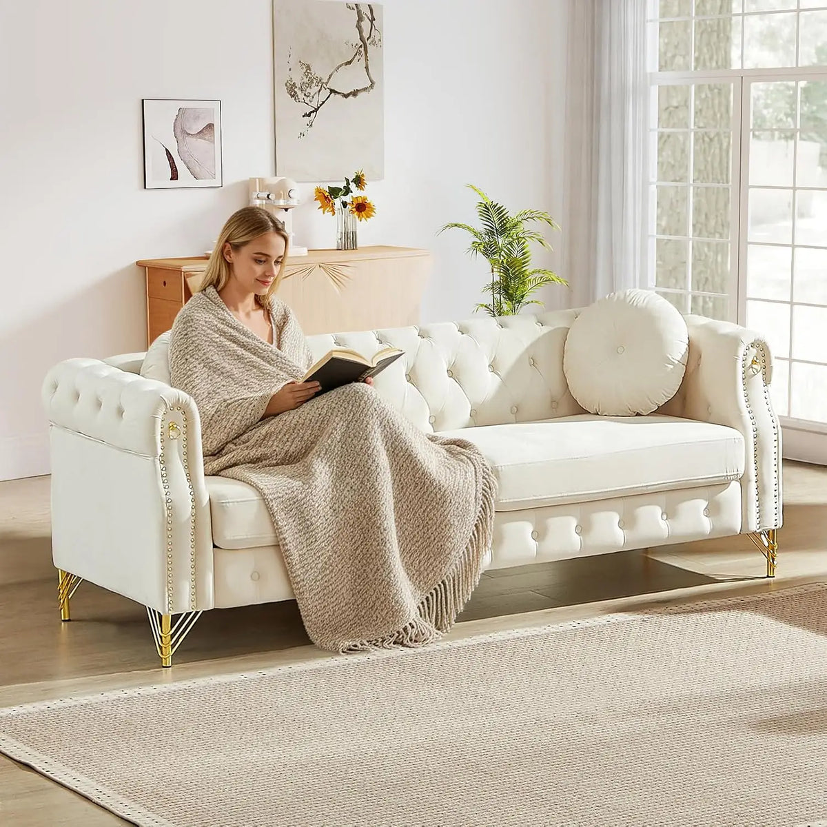 Sofa, Tufted Velvet Nailhead Trim Gold Legs, 3-Seater Deep Seat Living Room Bedroom Office 82" Beige, Customized