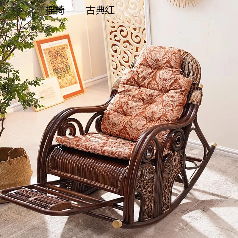 natural true rattan rocking chair recliner sofa single balcony home leisure retro cushion living room