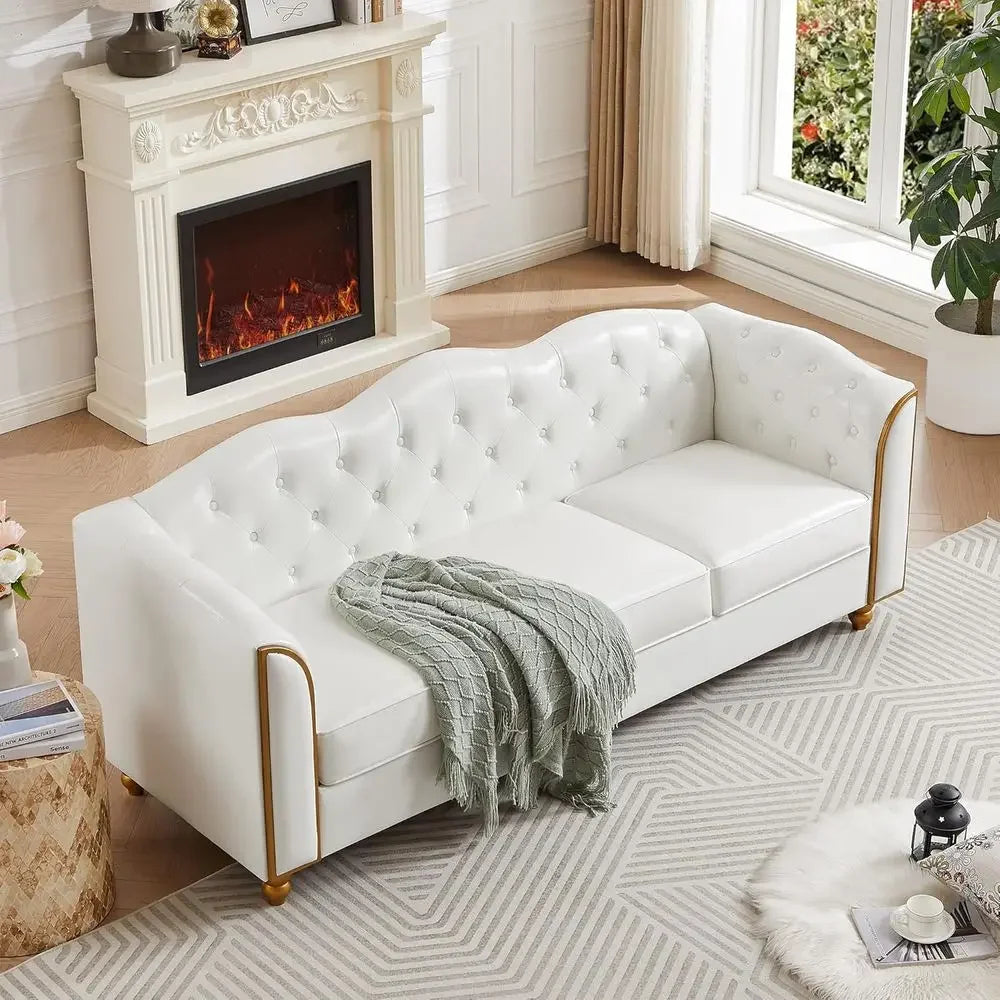 78" Leather Soa Couch, Sot 3 Seater Soa Couches or Living Room, Button Tuted Comy Couch ern Soa with Upholstered Cushion, Gold T