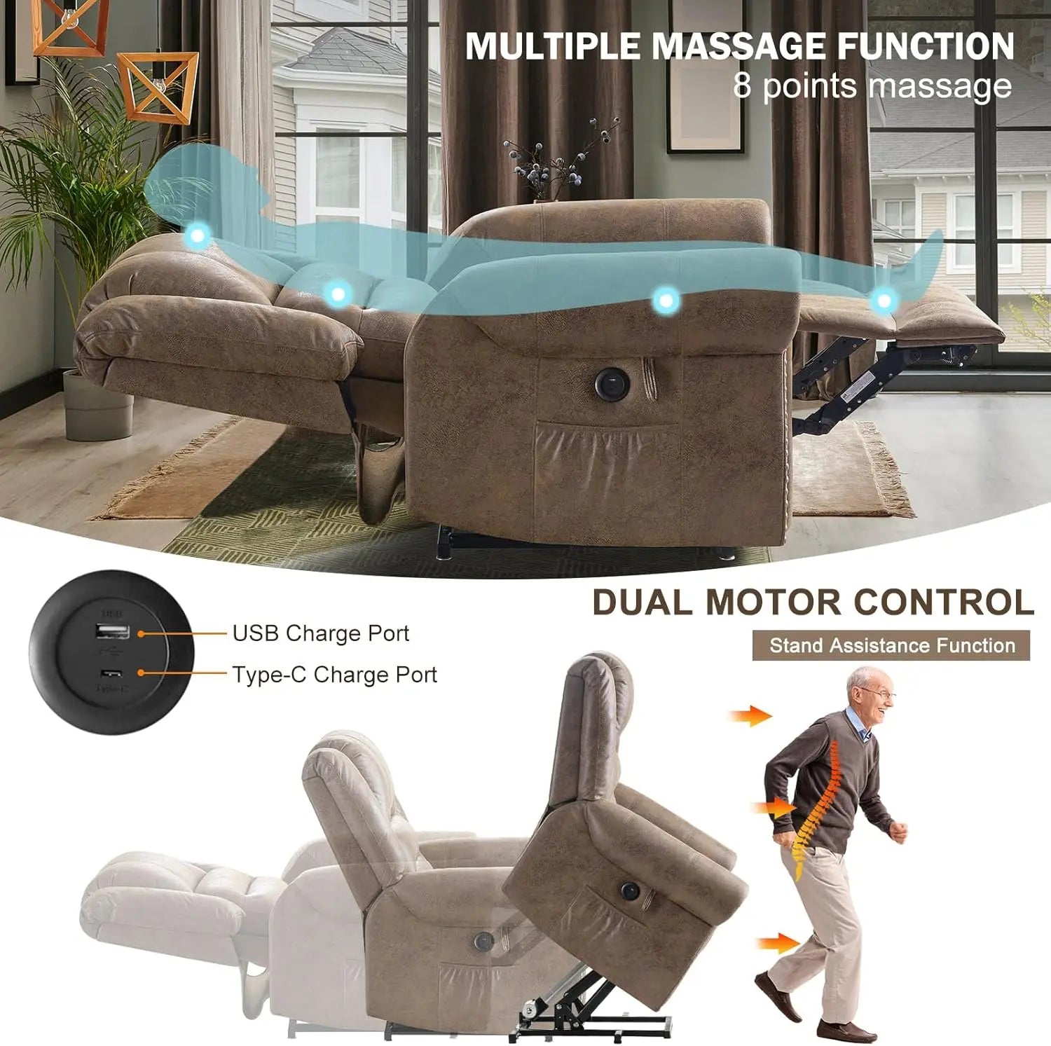 Dual Motor Lay Flat Power Lift Recliner Chair for Elderly, Breathable Leather Large Infinite Position Electric Chairs