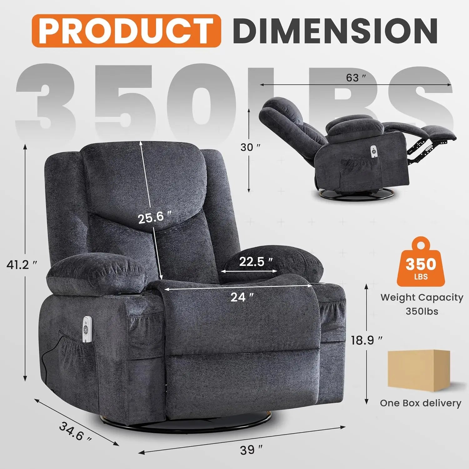 Swivel Recliner Chair w/ Massage & Heat, Rocker, Side Pocket & 2 Cup Holders, Living Room, Customized