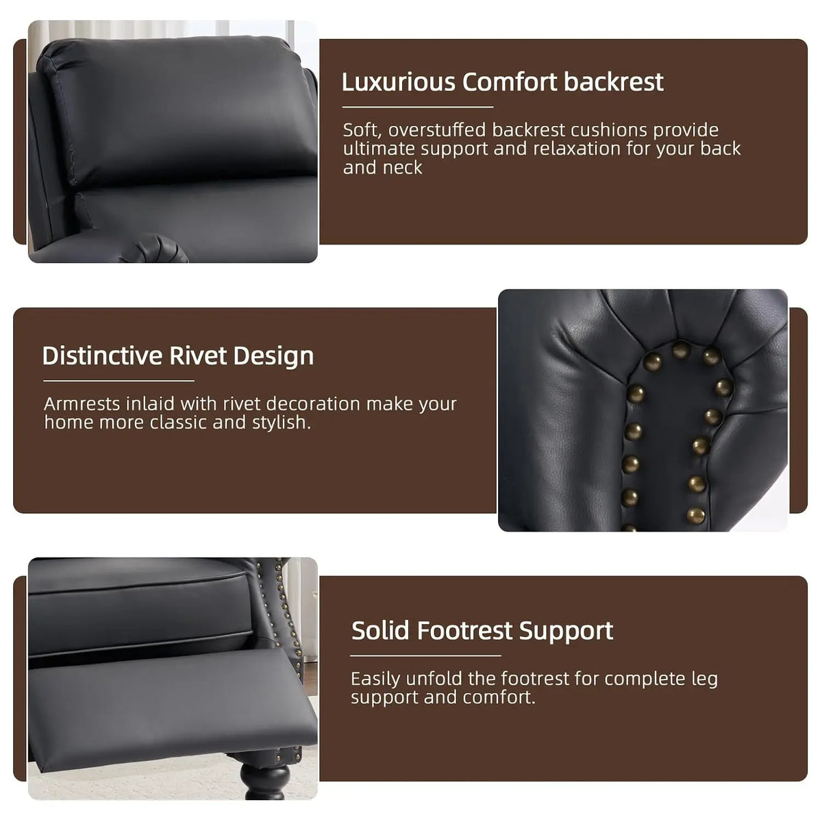 PU Leather Push Back Recliner Armchair with Lumbar Support Overstuffed Foam Wood Legs, Single Sofa for Living Room, Customized