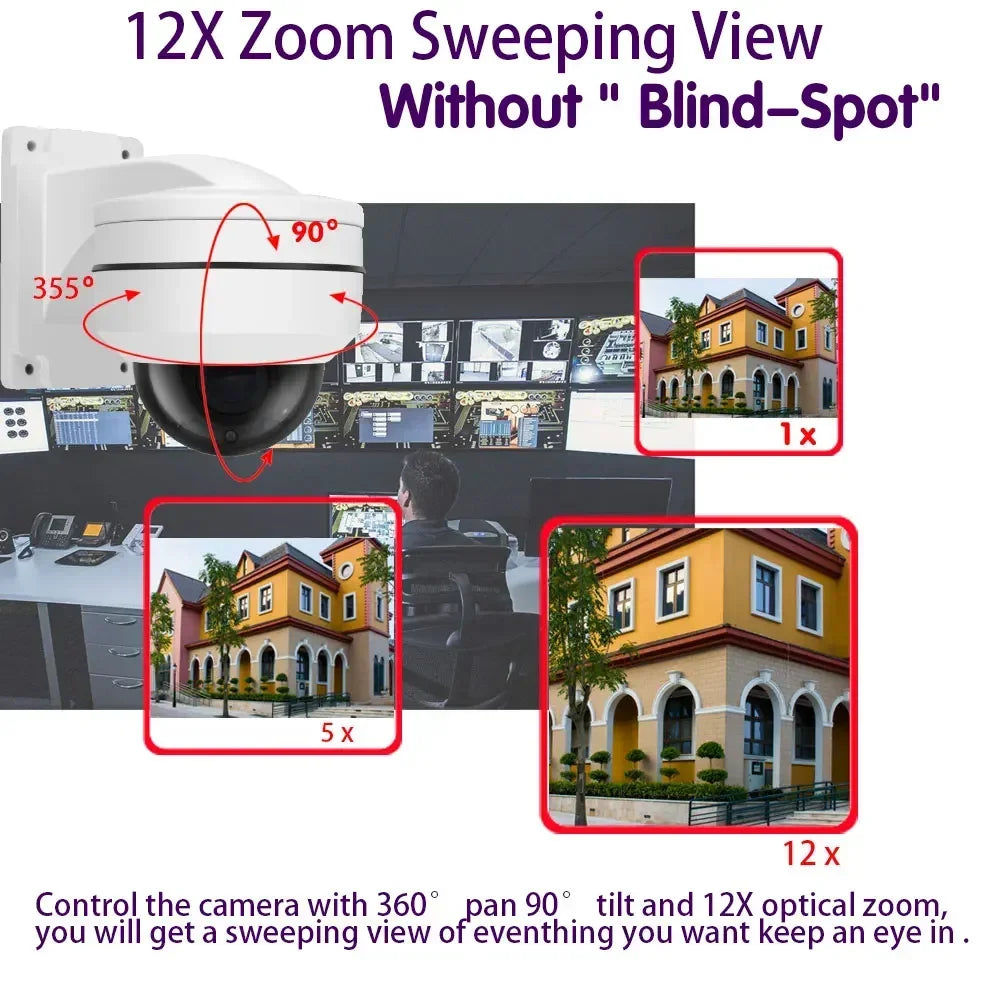 4K 8MP Outdoor POE PTZ IP Camera 12X Optical Zoom CCTV Surveillance Camera 100m IR Night Vision AI Human Detection RTIF ONVIF