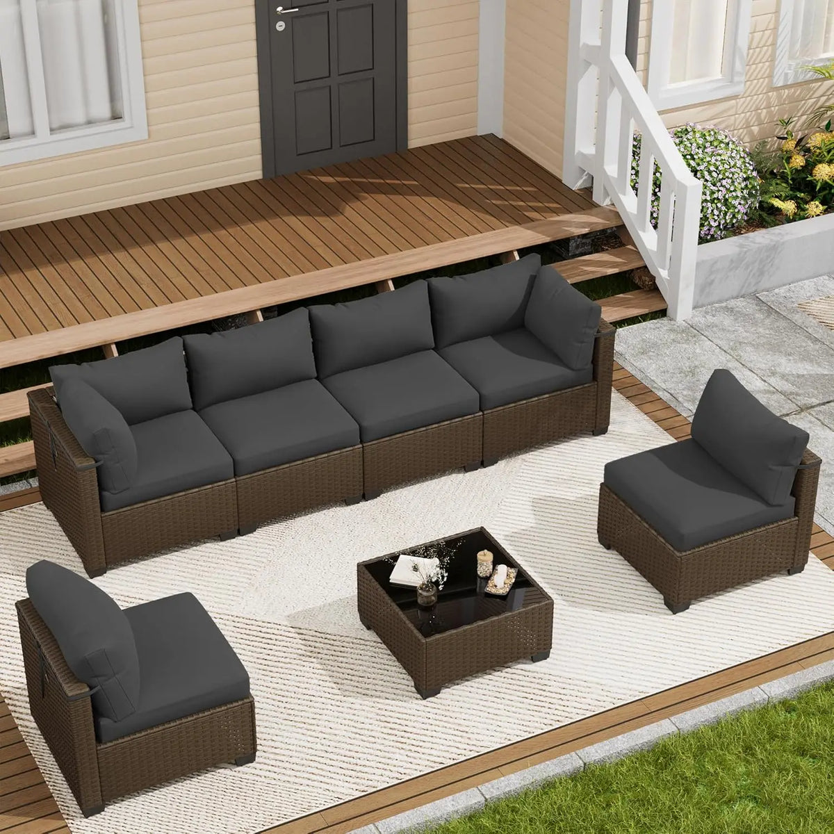 7 Piece Wicker Rattan Patio Conversation Set, Outdoor Sectional Sofa, Custom
