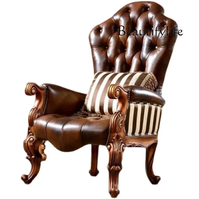 European leather sofa American all-solid wood boss office chair household desk chair old carved leisure chair