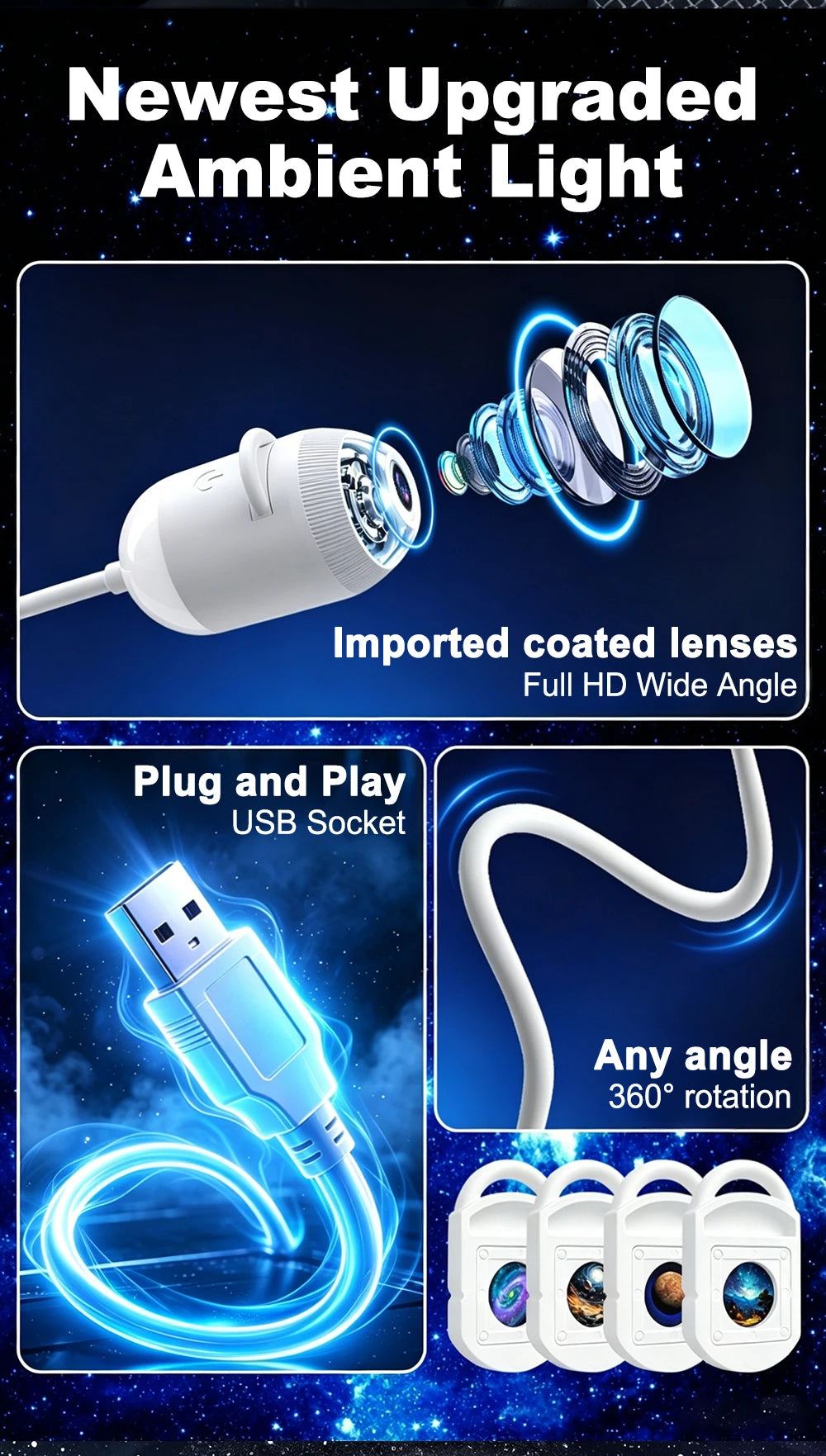 USB Starry Sky Projector Night Light 360° Bendable HD Galaxy Moon Planet Projection Lamp Plug Play Car Bedroom Projector Lamp