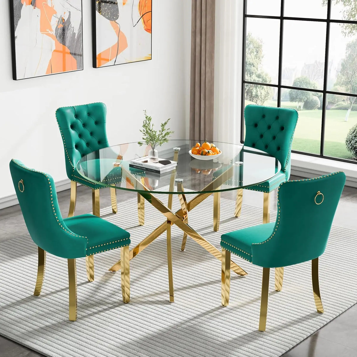 5-Piece Round Glass Dining Table Set for 4, 47.2" Circle Table with 4 Tufted Chairs for Kitchen Home Office, Customized