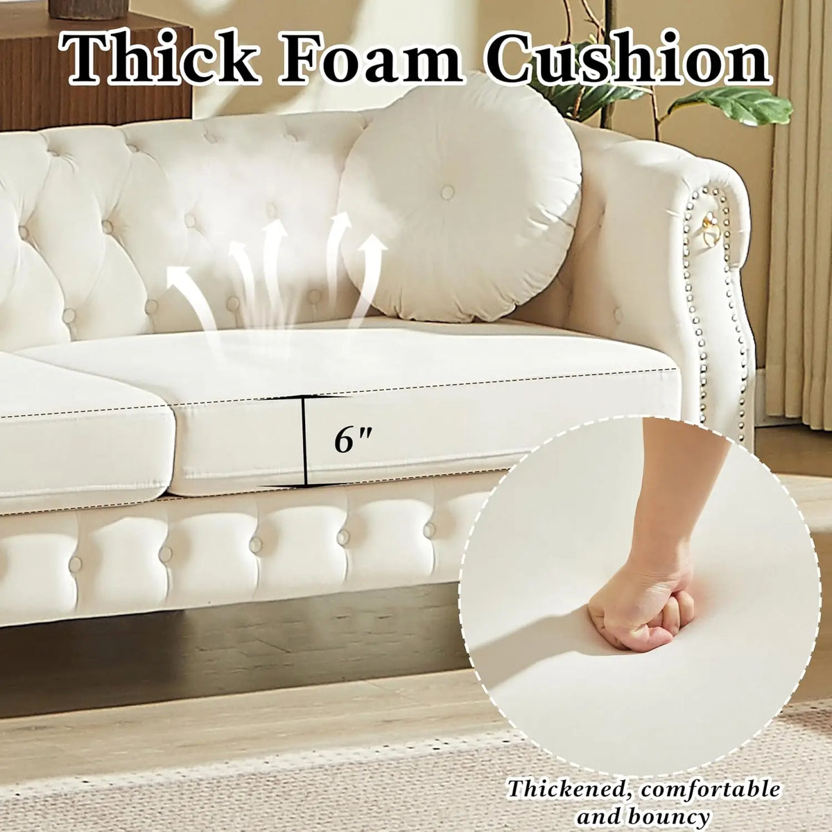 82" Beige 3-Seater Velvet Sofa with Pillows & Copper Studs, Living Room Furniture, Customized