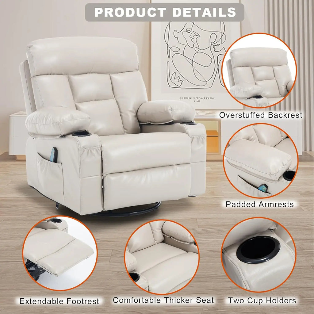 Swivel Rocker Recliner with Heat and Massage, Heated Massaging Reclining Chair with Cup Holders, Faux Leather, Customized