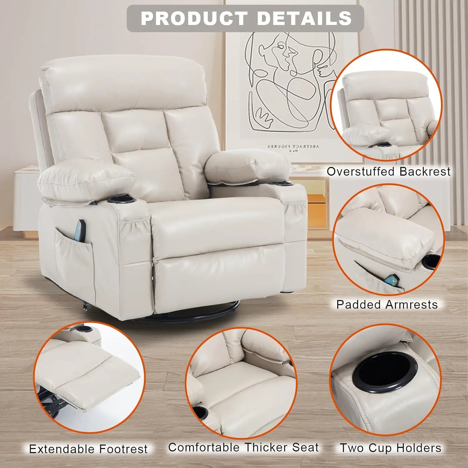 Swivel Rocker Recliner with Heat and Massage, Heated Massaging Reclining Chair with Cup Holders, Faux Leather, Customized