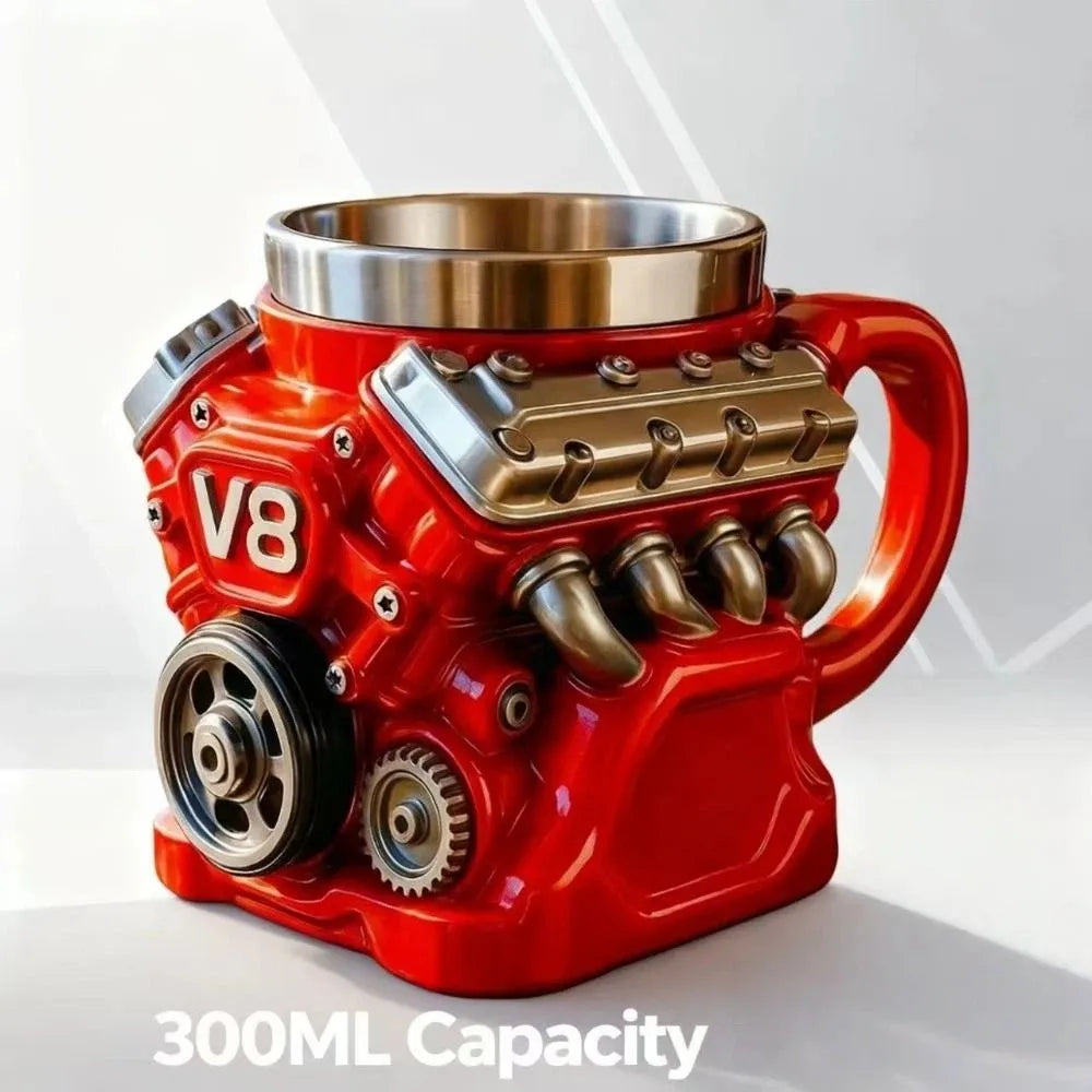 Retro Engine Coffee Mug with Handle 300ML V8 Engines Stainless Steel Cup Realistic Design Double Wall Insulation Car Mug