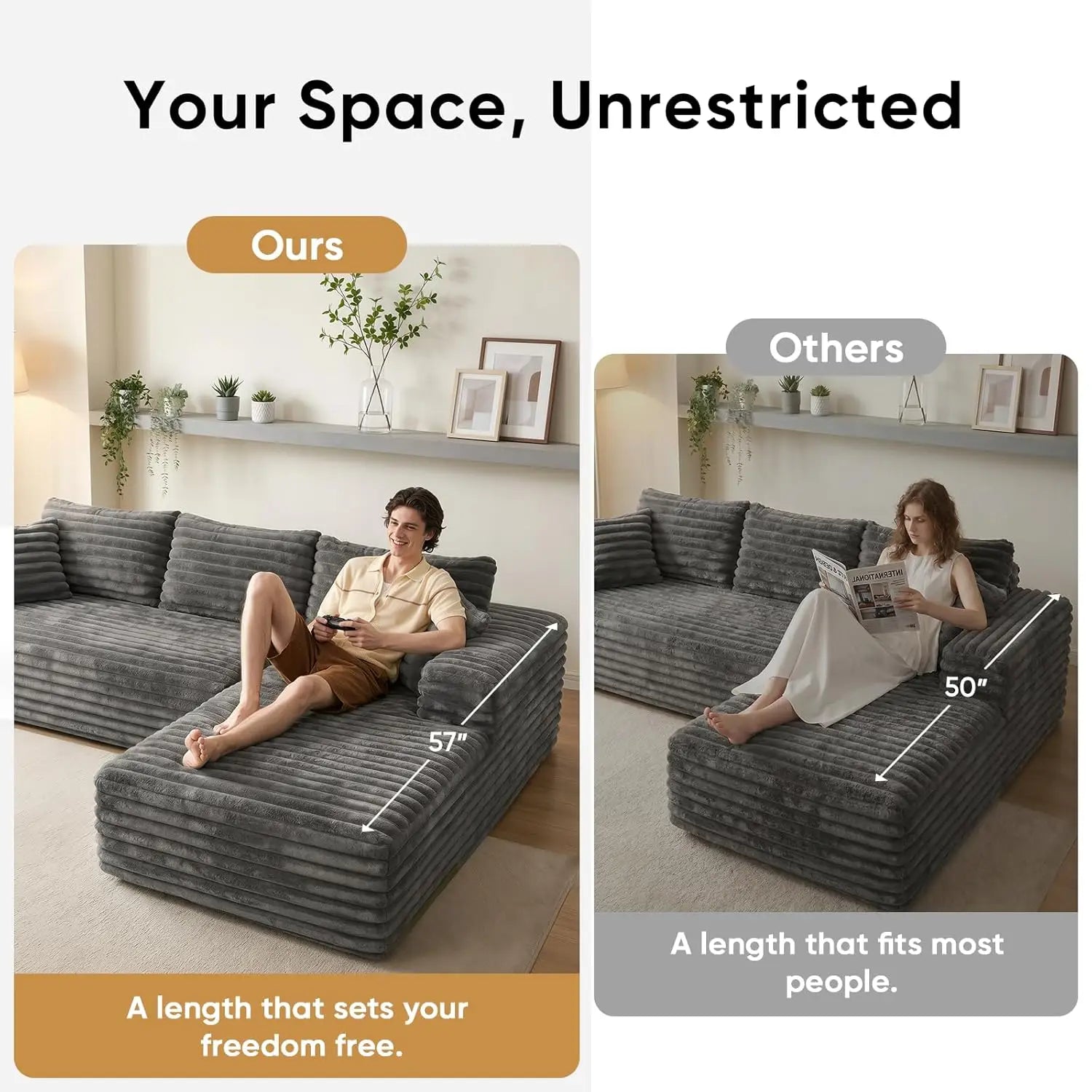 103" L Shaped Sectional Boneless Couch for Living Room, Modern Modular Cloud Sofa with Right Facing Chaise, Comfy, Customized