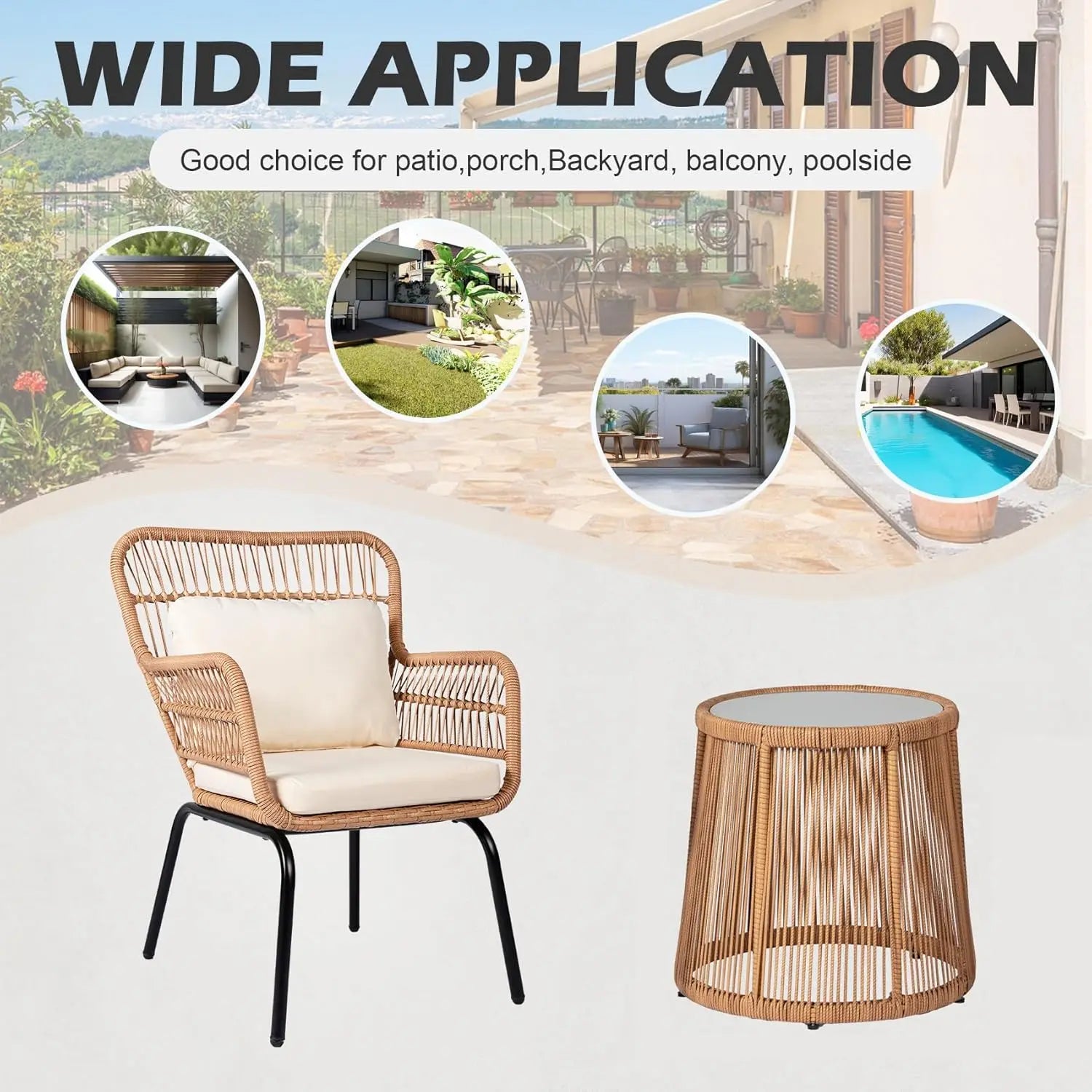 3 Piece Outdoor Wicker Furniture Set, Rattan Chairs and Table for Balcony Poolside Backyard, Yellow/Beige Patio Bistro