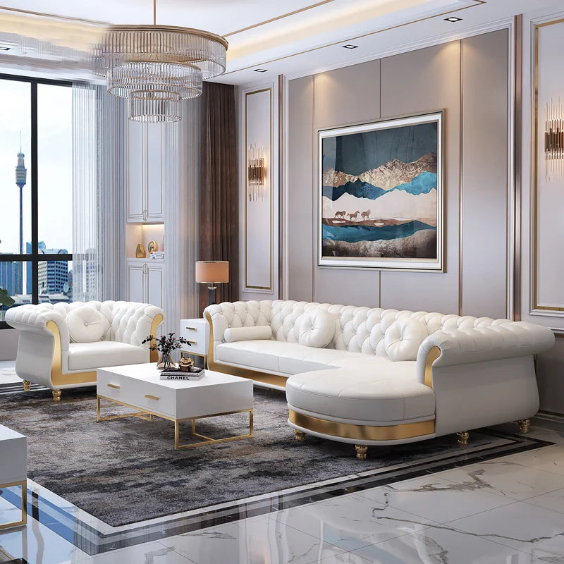Arabic Luxury Chesterfield Leather Sofa Living Room Sofas Hot Sale White Modern Home Furniture Solid Wood Frame European Style