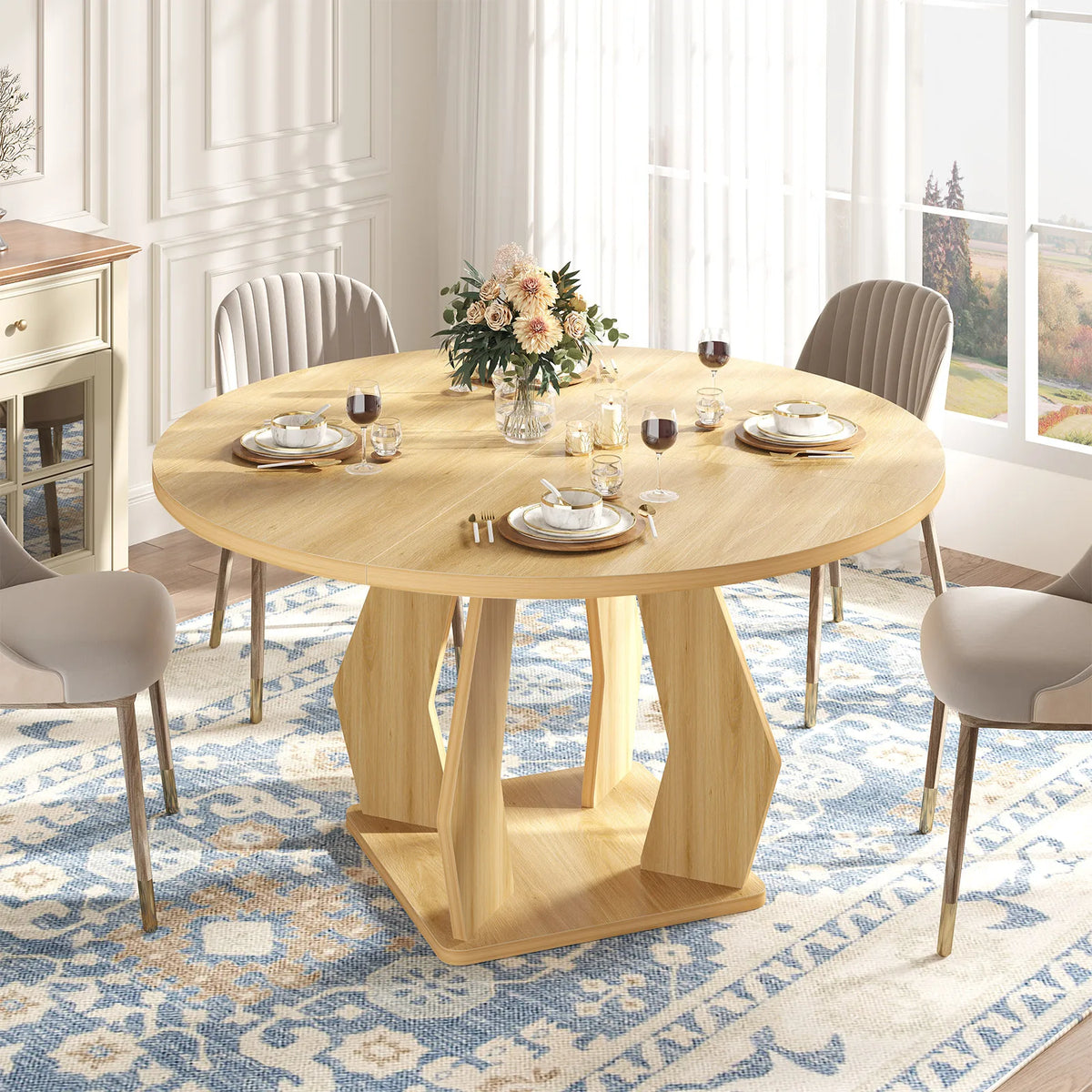 Factory Wholesale Custom Luxury Modern Taupe Wooden Dining Table Large Round Dining Room Table for Kitchen 4-6 Seater