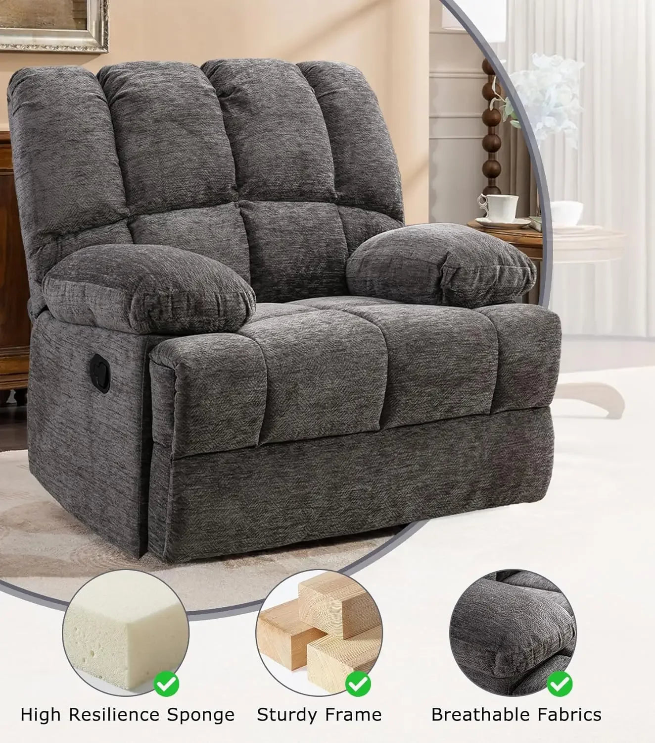 Oversized Recliner Chair, Rocking Recliners, Overstuffed Soft Big Man Manual Rocker Recliner, Extra Large Living Room Chair 350