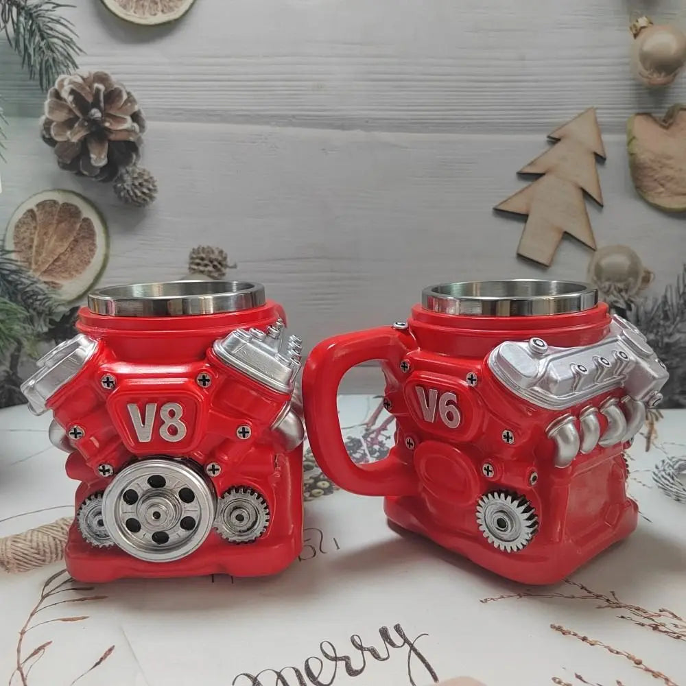 Retro Engine Coffee Mug with Handle 300ML V8 Engines Stainless Steel Cup Double Wall Realistic Design Insulation Car Mug