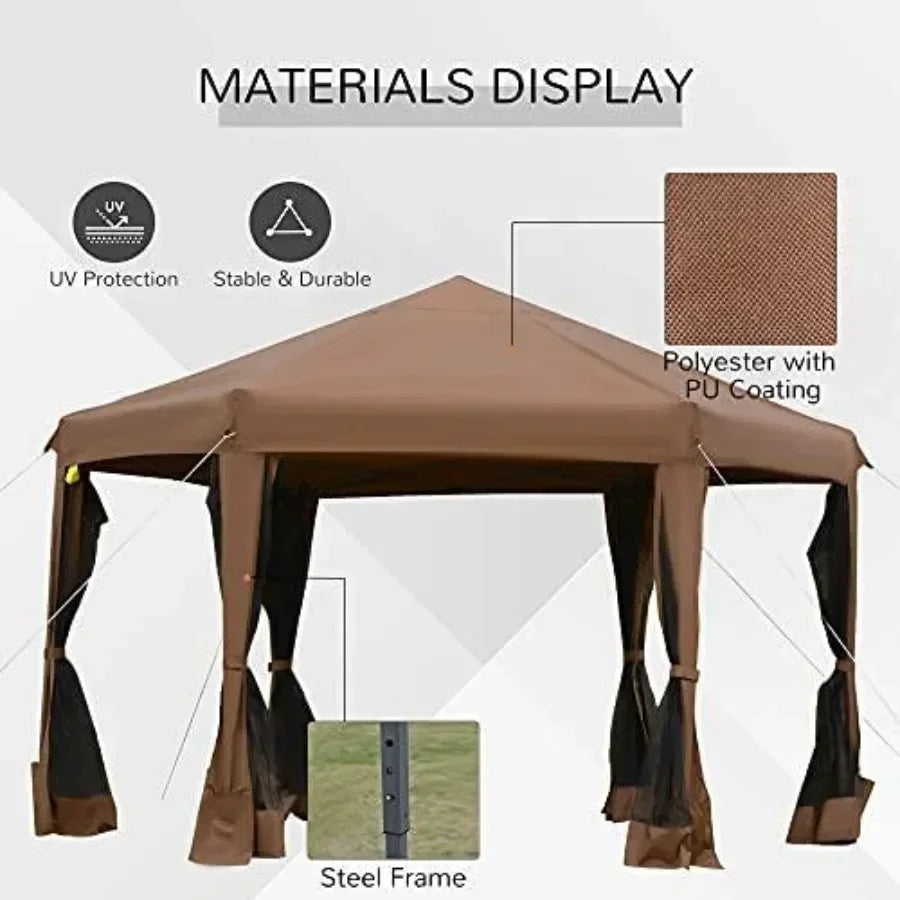 13' x 11' Hexagonal Pop Up Gazebo Heavy Duty Outdoor  Tent with 6 Mesh Sidewall Netting 3-Level Adjustable Height and Strong St