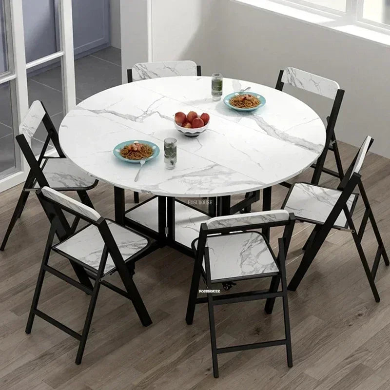 Home Folding Dining Table Set with Chairs Mobile Round Furniture Modern Kitchen Living Room Light Luxury Simple Portable