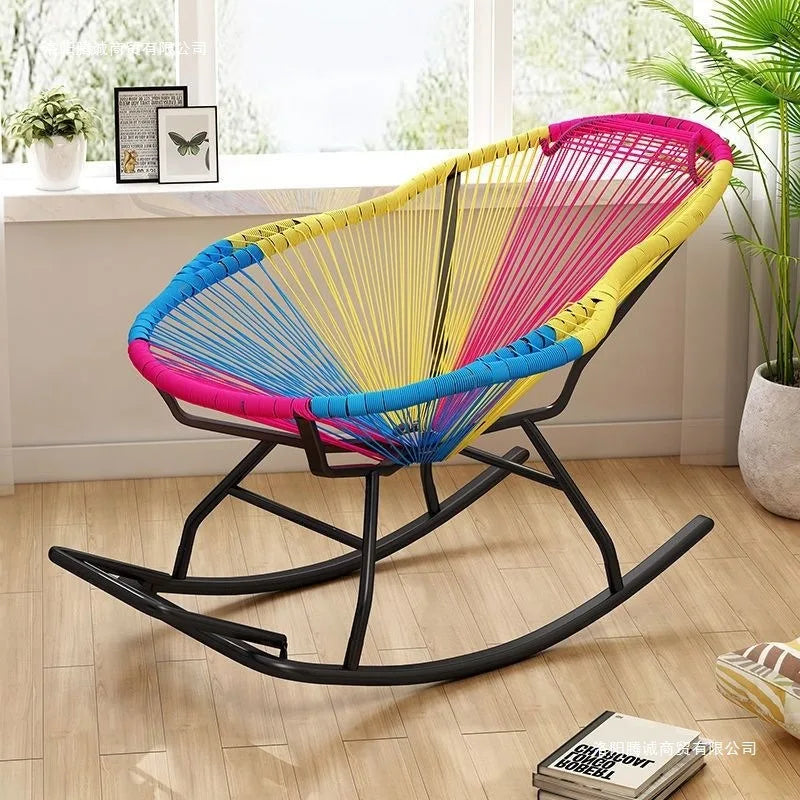 Outdoor courtyard rainbow rocking chair household balcony rattan chair casual nap rocking recliner bold thickened rattan art bed