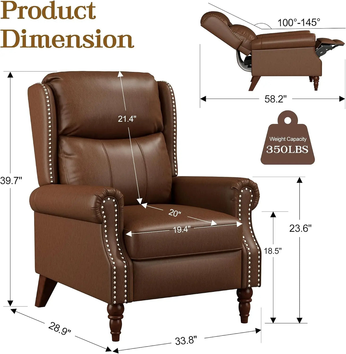 Pushback Recliner Chair Set of 2, Faux Leather/Chenille Wingback Accent Armchair