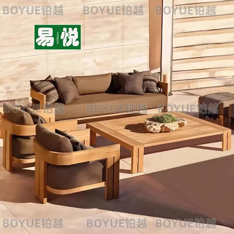Waterproof Aluminum Alloy Outdoor Sofa Set with Solid Teak Wood Frame for Courtyard Patio Garden Sunroom Furniture